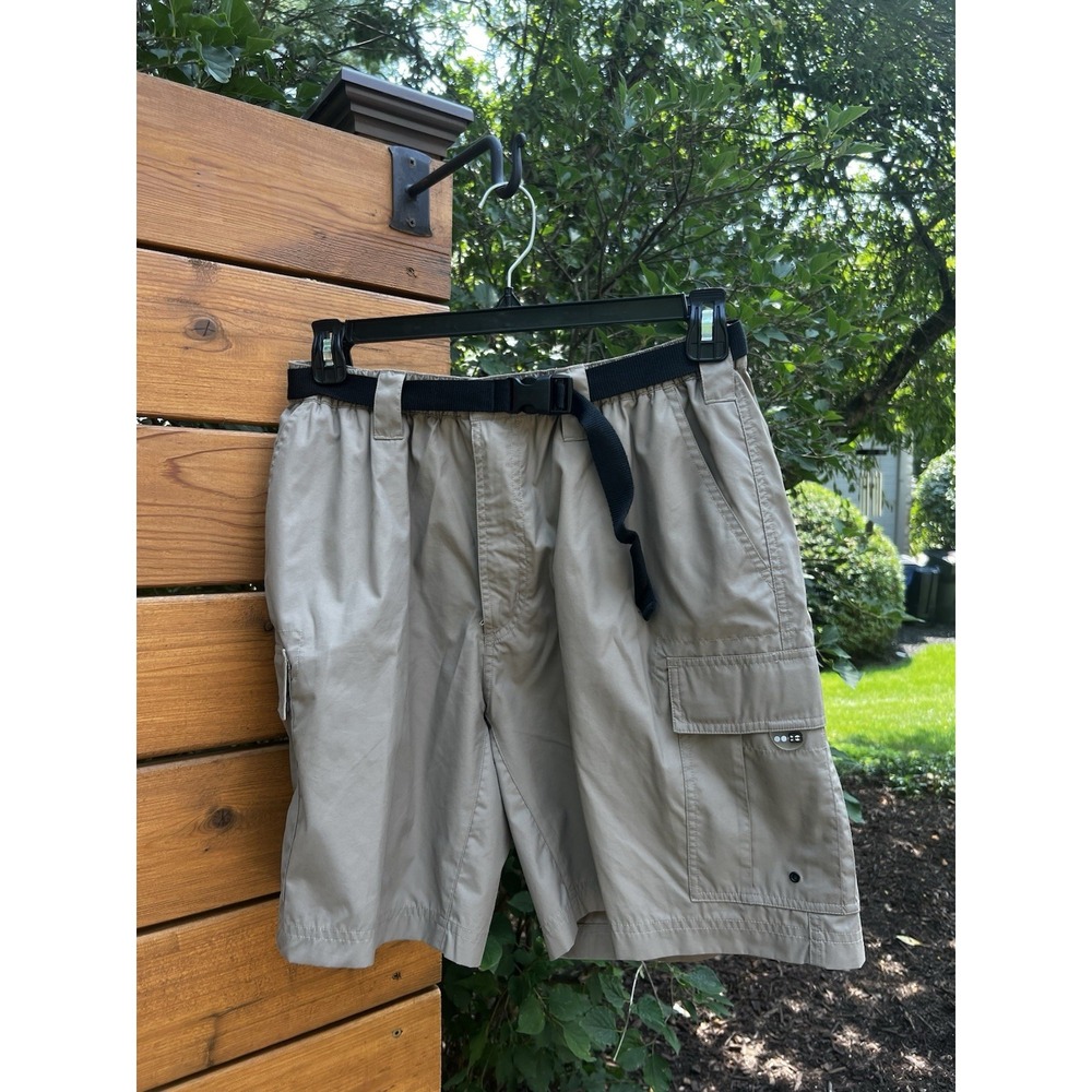 Galyan's Outdoor Men's Large Khaki Nylon Cargo Shorts Web Belt Hiking Cargo
